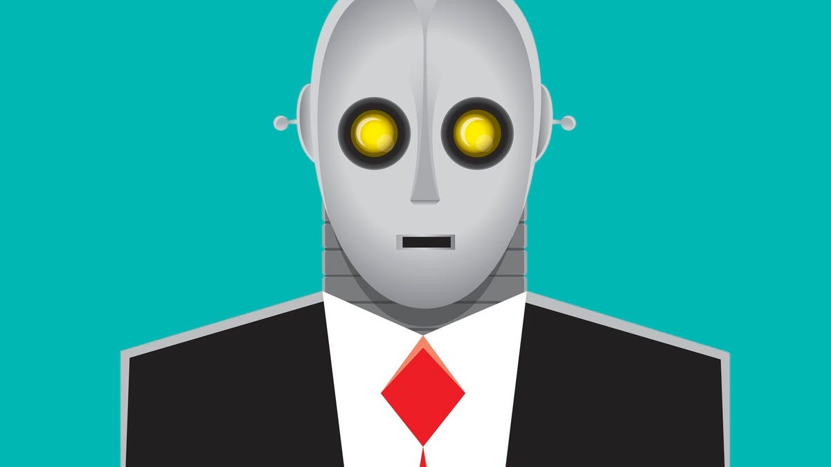 A cartoon robot in a business suit and tie