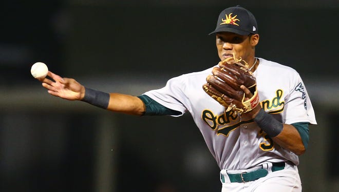Nov 2, 2013; Surprise, AZ, USA; Oakland Athletics shortstop Addison Russell against the West during the Fall Stars Game at Surprise Stadium. Mandatory Credit: Mark J. Rebilas-USA TODAY Sports