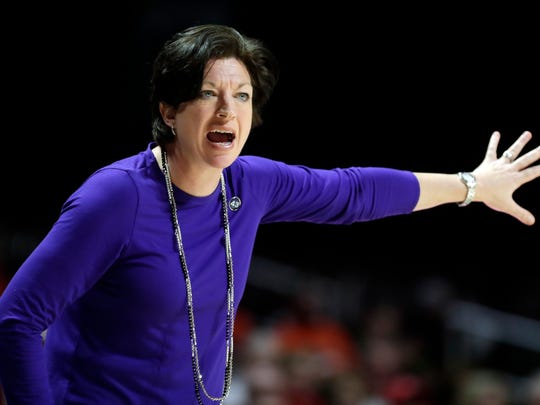 Miami's head coach, Katie Meier, will lead her team during the first half of an NCAA college basketball game against Louisville on Thursday, January 25, 2018 in Coral Gables, Florida. Louisville's win is 84-74. (AP Photo / Lynne Sladky)