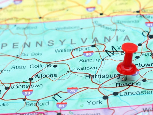 Harrisburg pinned on a map of USA