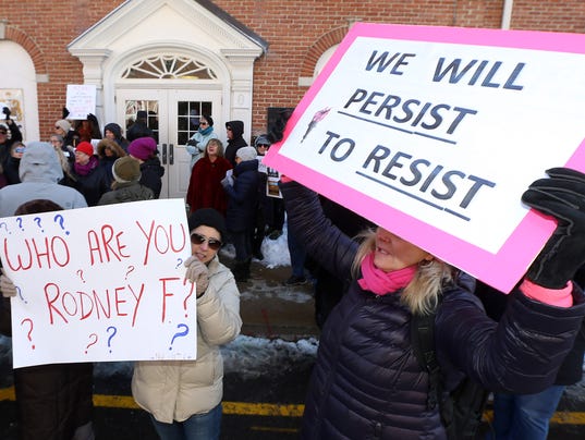 Hundreds of members of the grassroots group 'NJ 11th for Change' came to the Morristown office of Congressman Rodney Frelinghuysen to ask questions on behalf of his constituents
