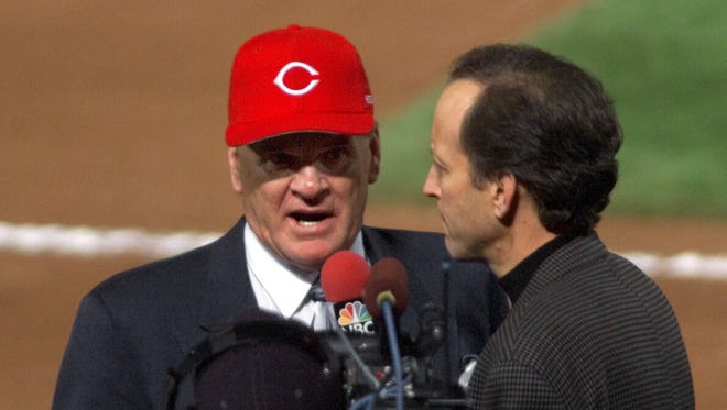 Before Game 2 of the World Series, Rose is peppered with questions by NBC reporter Jim Gray, who asks him several times in a TV interview if he wants to admit betting on baseball and apologize.