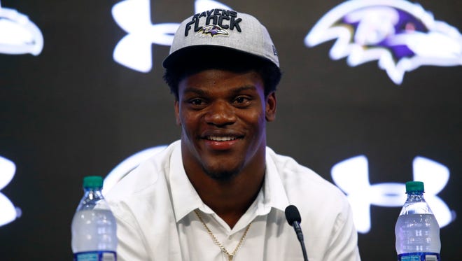 Quarterback Lamar Jackson, one of the Baltimore Ravens' first-round draft picks, speaks during an NFL football news conference at the team's headquarters in Owings Mills, Md., Friday, April 27, 2018. (AP Photo/Patrick Semansky)
