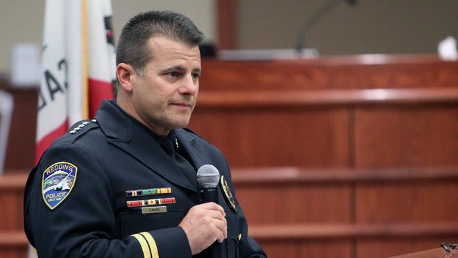 Redding Police Chief Roger Moore speaks Friday during his swearing-in ceremony.