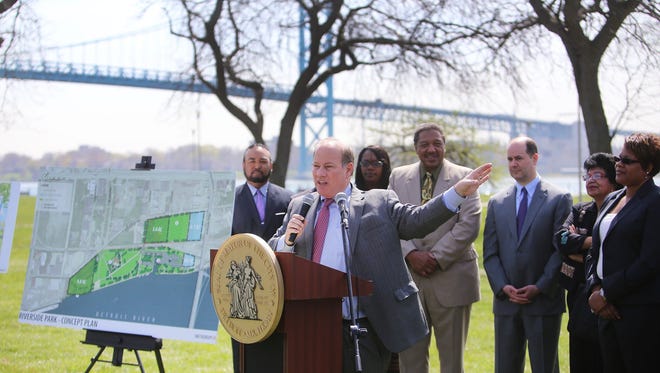 Mayor Mike Duggan in April announces a major agreement for expansion of  Detroit's Riverside Park, including major improvements  and exterior improvements to the vacant Michigan Central Station as part of an agreement with the International Bridge Co., owners of the Ambassador Bridge.