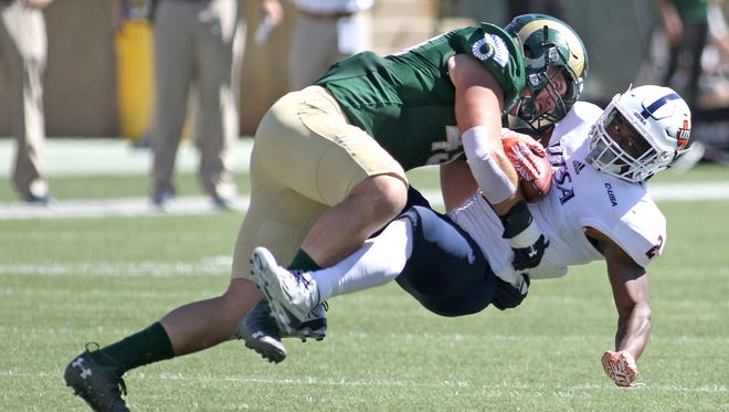 Rams defenseman Evan Colorito makes a tackle for a loss during Colorado State's 23-14 win over the University of Texas-San Antonio Roadrunners on Saturday, September 10, 2016, at Hughes Stadium.