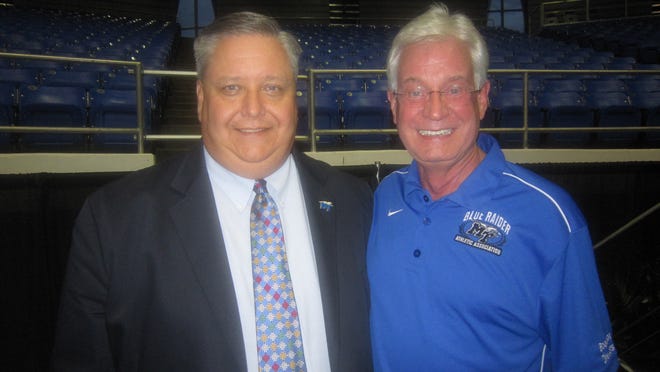 Voice of the Blue Raiders and emcee of the event, Chip Walters, with Walter Chitwood.