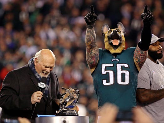 Philadelphia Eagles defensive end Chris Long celebrates