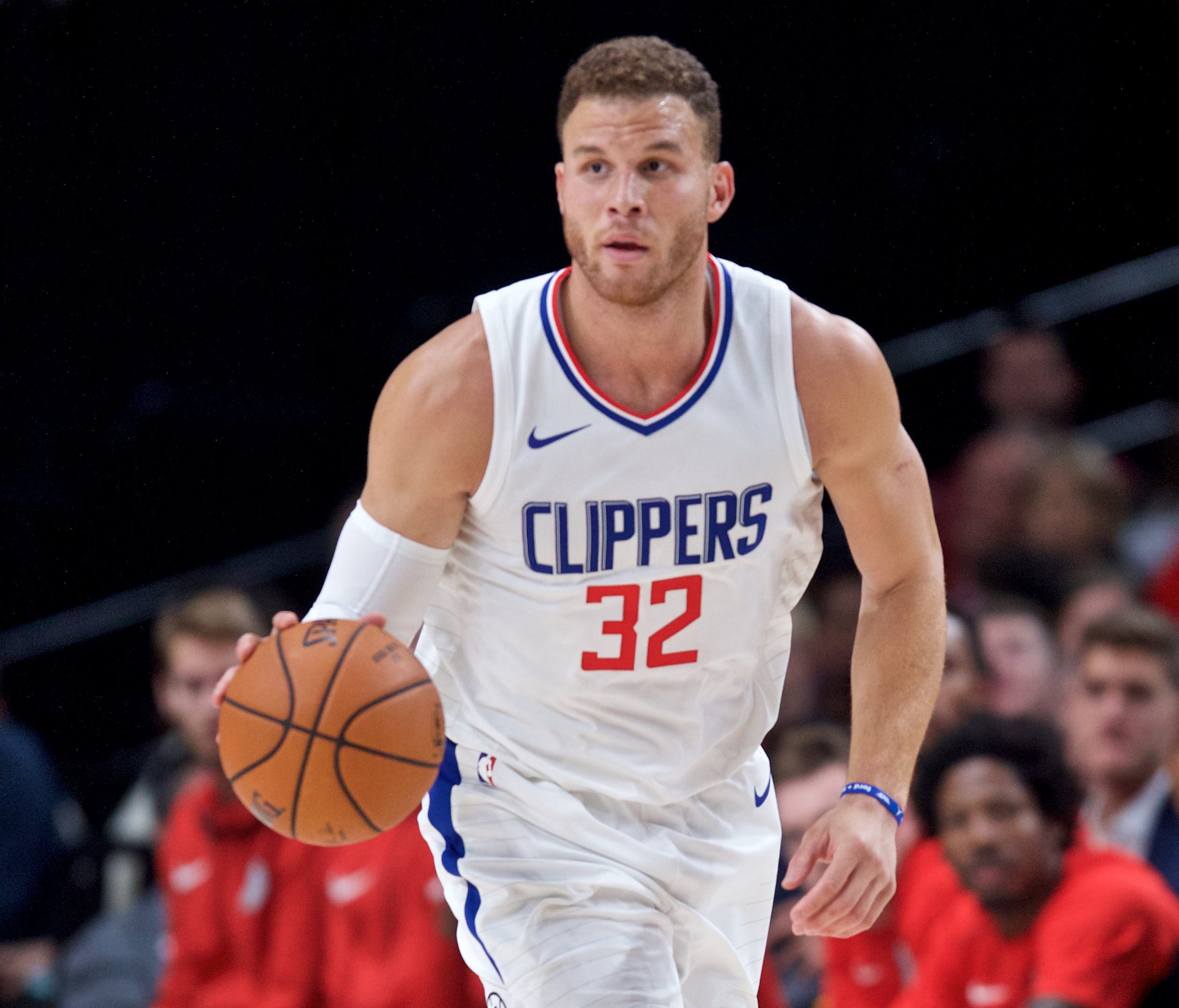 LA Clippers forward Blake Griffin (32) brings the ball up court against the Portland Trail Blazers during the first quarter at the Moda Center.