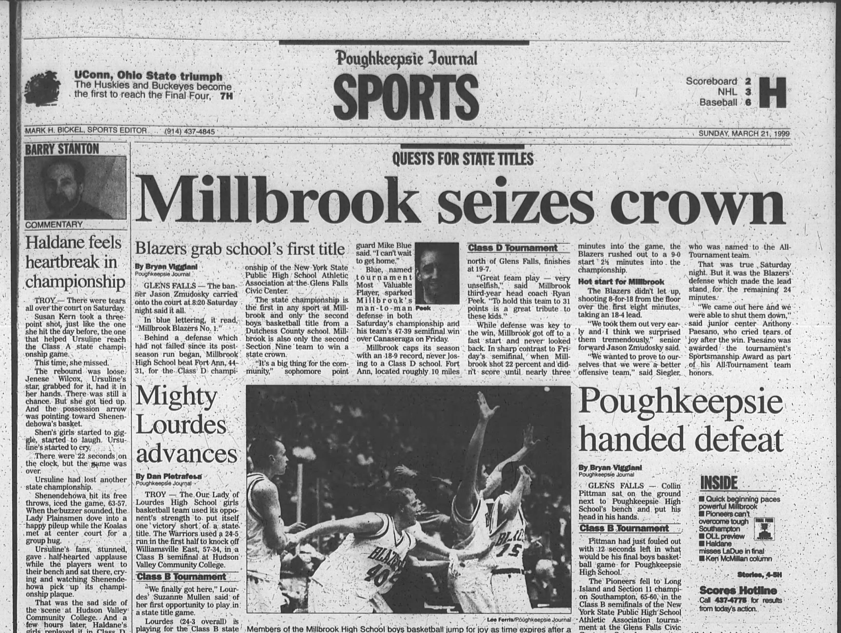 Millbrook High School's New York State Class D championship led the Journal's Sports cover on March 21, 1999.