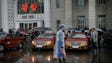 Taxis wait for passengers at the Pyongyang train station