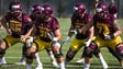 The Arizona State University offensive line practices,
