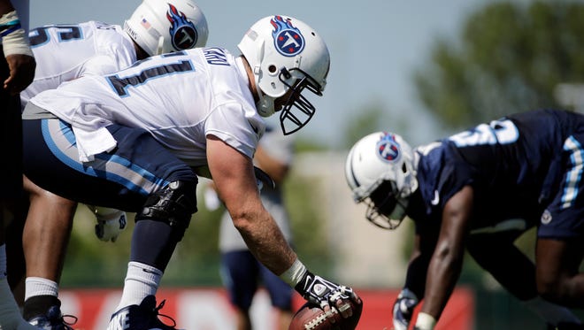 Tennessee Titans center Gabe Ikard (61) gets ready to snap the ball during NFL football training camp Friday, July 31, 2015, in Nashville, Tenn. (AP Photo/Mark Humphrey)