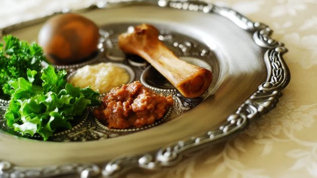 The traditional seder plate includes shank bone, egg, bitter herbs, vegetable and haroset (fruit paste).