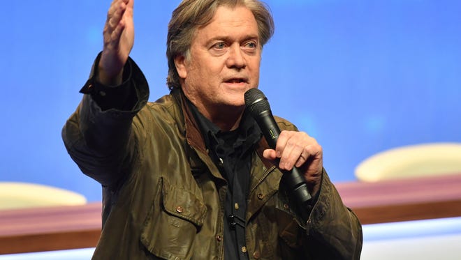 Former White House strategist Steve Bannon addresses members of the far right National Front party at the party congress in the northern French city of Lille, Saturday, March 10, 2018. Former White House strategist Steve Bannon has given a big boost to French far right leader Marine Le Pen, telling a cheering crowd at a congress of her National Front party that "history is on our side."