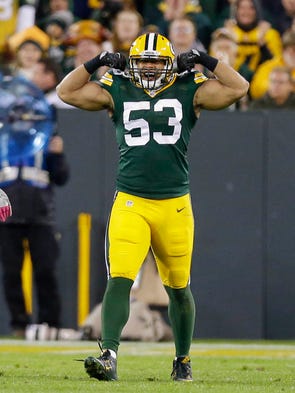 Green Bay Packers outside linebacker Nick Perry reacts