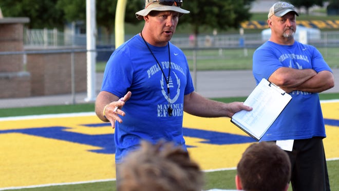 Philo coach Dirk Lincicome talks to his Muskingum Valley All-Star team following a recent practice. The annual Muskingum Valley-Licking County All-Star Game will be held at 7 p.m. on Friday at Sam Hatfield Stadium.