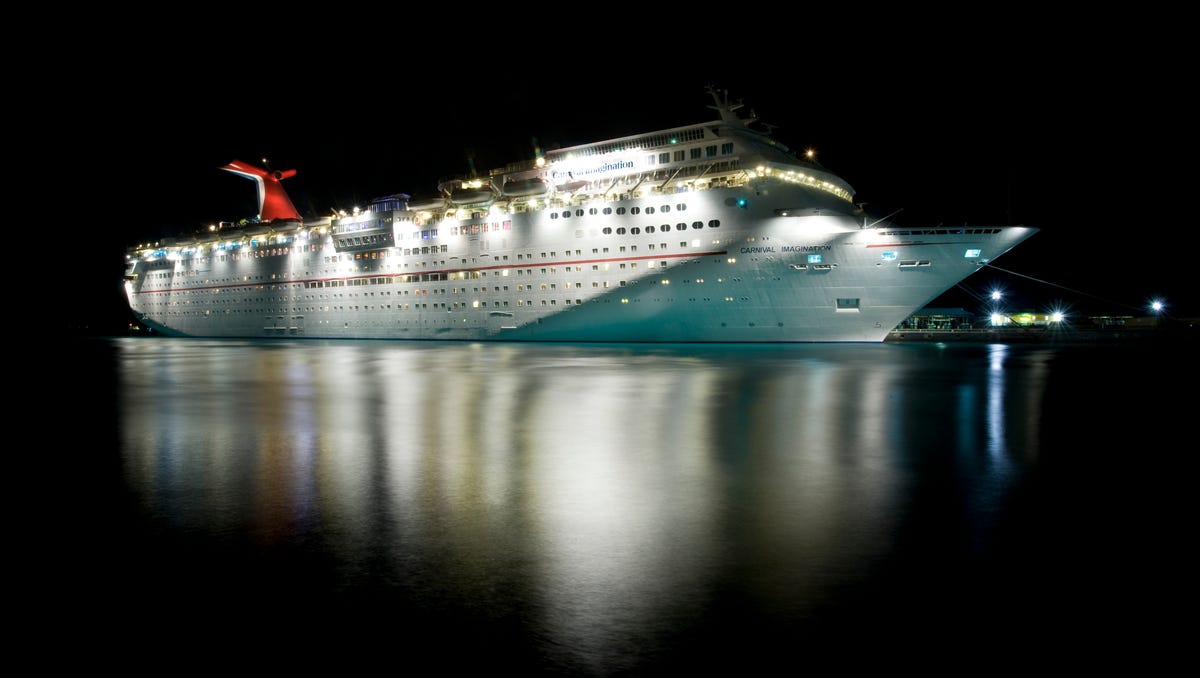The Carnival Imagination at dock for the night in Nassau, Bahamas.