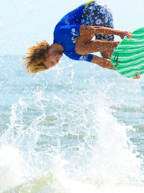 Blair Conklin, Laguna Beach, Ca, goes airborne during the Men's Pro Division heat in the semifinals of the Skim USA Association ZAP Pro/Am Skimboarding Competition in Dewey Beach, De. on Friday, August 11, 2017.