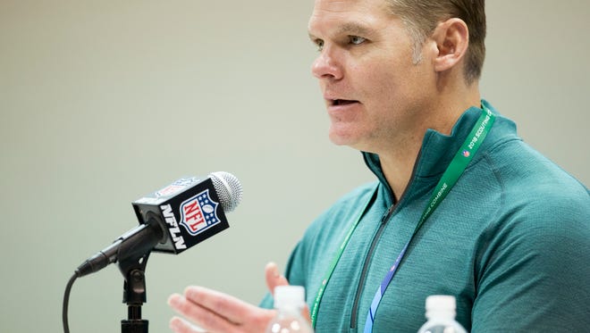 Chris Ballard, General Manager of the Indianapolis Colts, talks with the press at the day's NFL Scouting Combine, in preparation for the year's draft, Wednesday, Feb. 28, 2018. 