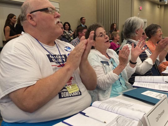 Carl Donovan and Rep. Jean Price, D-Great Falls, get fired up at a 2016 Montana Democratic Party convention in Helena.