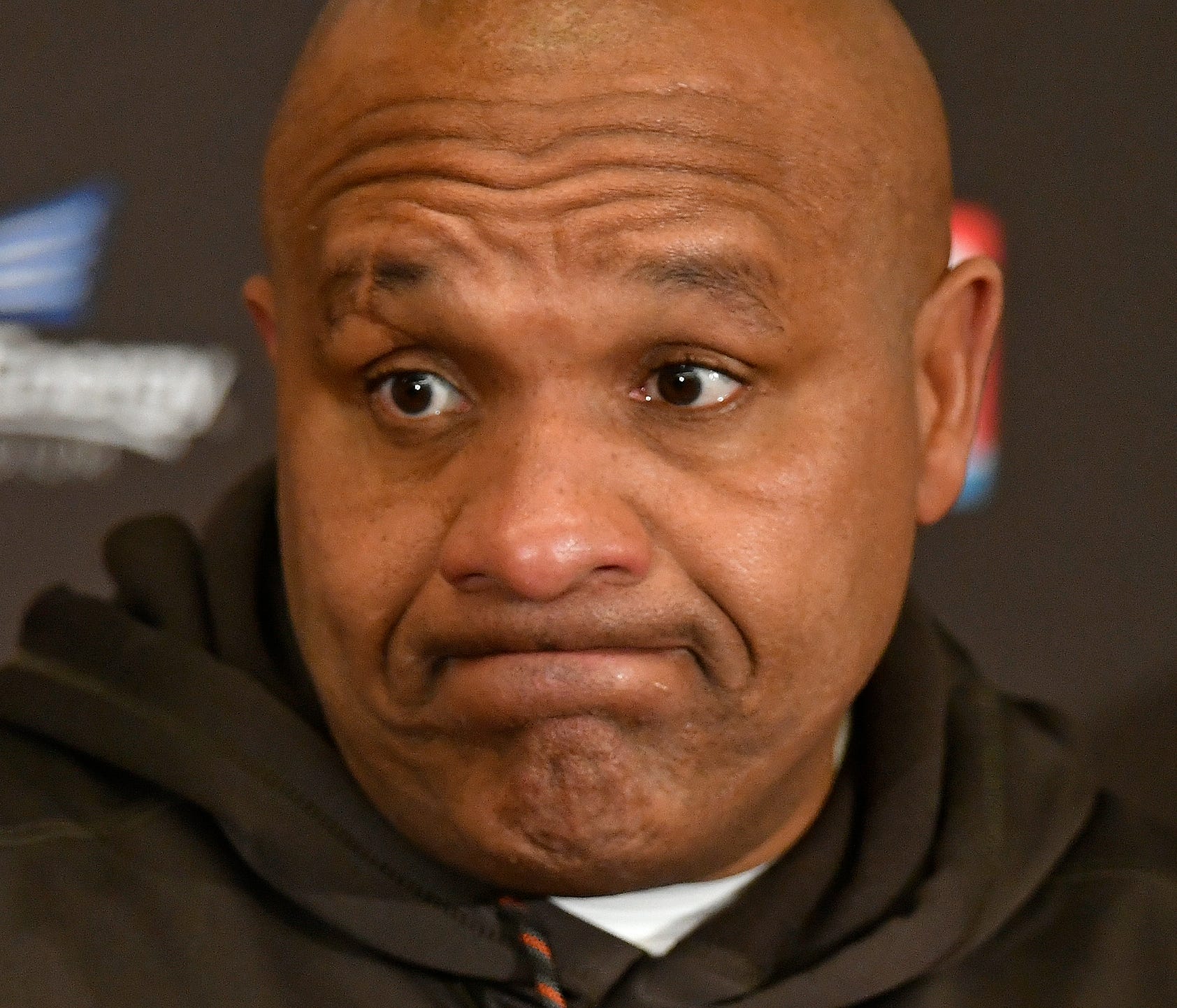 Cleveland Browns head coach Hue Jackson answers questions during a news conference after the Baltimore Ravens defeated his team in an NFL football game, Sunday, Dec. 17, 2017, in Cleveland. (AP Photo/David Richard)