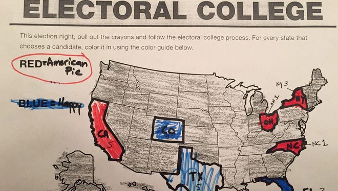 An Electoral College map for a second-grade class song election.