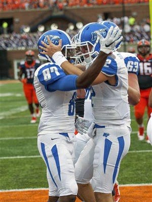 MTSU quarterback Brent Stockstill (12) and Richie James (87) were named to the Maxwell Award watch list on Tuesday.