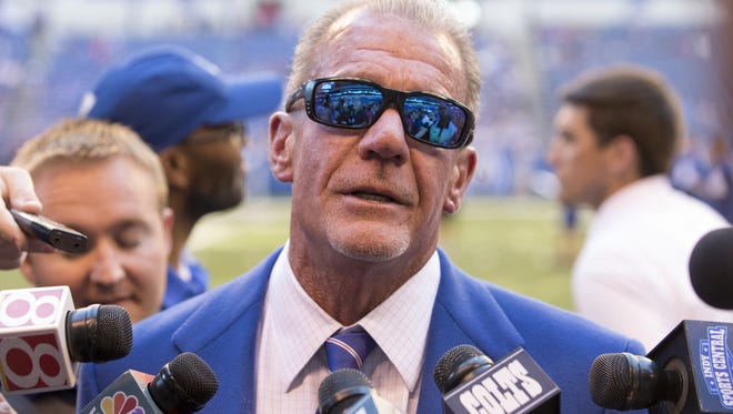 Team owner Jim Irsay talks to media during Colts open practice mini camp at Lucas Oil Stadium, Indianapolis, Wednesday, June 8, 2016.