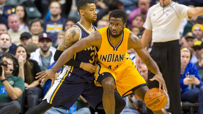 Indiana Pacers forward Solomon Hill (44), shown here during second-half action of Utah Jazz game, has taken an increased leadership role with the team.