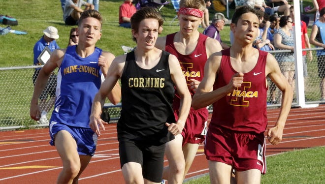 Corning's Kevin Moshier, front left, runs on his way to a win in the boys 1,600 meters Thursday at the STAC championship meet at Windsor High School. Maine-Endwell's Matt Goyden, back left, placed second, with Ithaca's Silas Derfel, front right, and Noah Sorensen taking third and fourth.