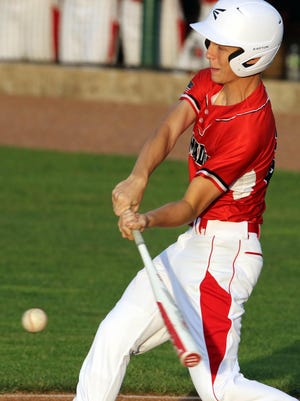 Fort Madison High School's Reiburn Turnbull (24) takes a swing during their game against Burlington High School Thursday at Community Field.