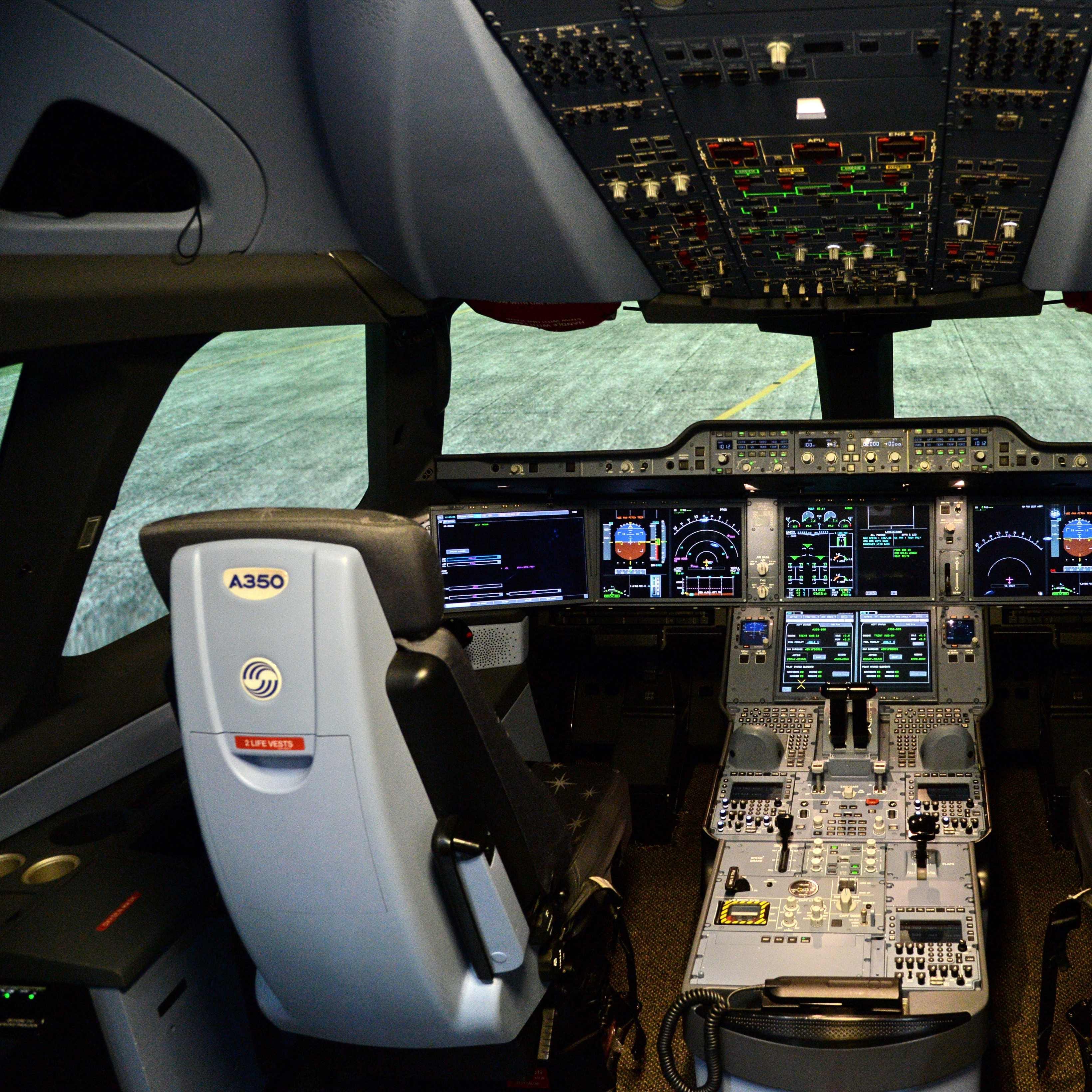 A view inside the simulator of a A350 XWB cockpit at the Airbus Asia Training Centre in Singapore on June 20, 2017.