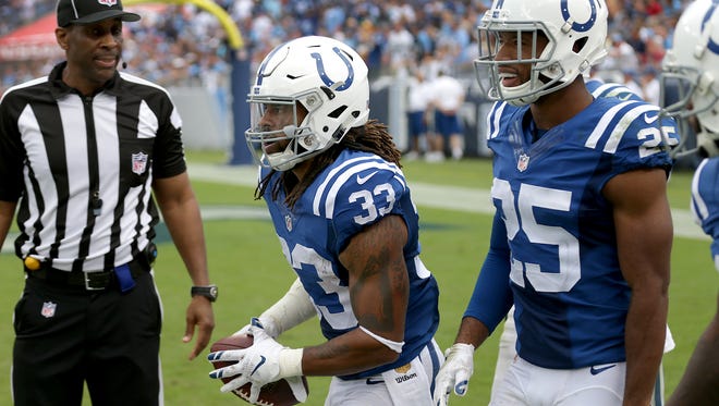 Indianapolis Colts free safety Dwight Lowery (33) celebrates his interception in the second half of their game Sunday, September 27, 2015 at Nissan Stadium in Nashville TN.