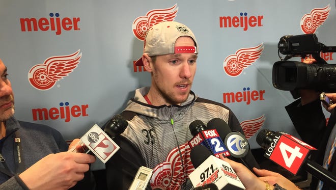 Jimmy Howard talks to reporters Monday, April 11, 2016.