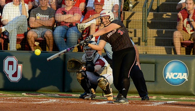 UL senior catcher Lexie Elkins takes a mighty swing during the Cajuns' NCAA Super Regional loss to Oklahoma.