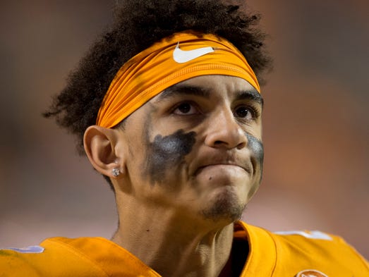 Tennessee quarterback Jarrett Guarantano (2) reacts