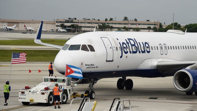 JetBlue Flight 386 departs for Cuba on August 31, 2016 from Fort Lauderdale National Airport in Fort Lauderdale, Florida.