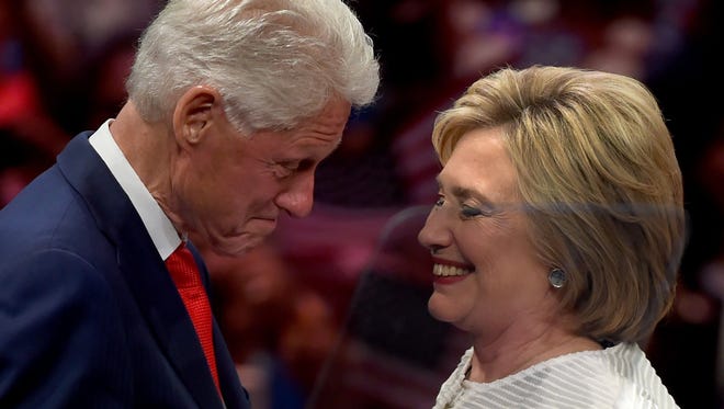 The Clintons share a moment during her primary night event at the Duggal Greenhouse in Brooklyn on June 7, 2016.