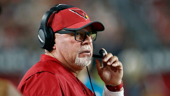 Arizona Cardinals head coach Bruce Arians watches during the first half of a preseason NFL football game against the Chicago Bears, Saturday, Aug. 19, 2017, in Glendale, Ariz.