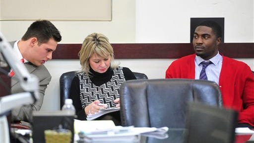 Former Vanderbilt football players Brandon Vandenberg, left, and Cory Batey, right, attend the second day of their trial Tuesday in Nashville.