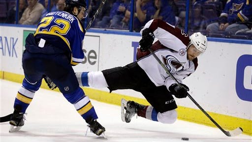 Colorado Avalanche's John Mitchell, right, falls after being checked by St. Louis Blues' Kevin Shattenkirk during the third period of an NHL hockey game Tuesday, March 29, 2016, in St. Louis. The Blues won 3-1. (AP Photo/Jeff Roberson) 