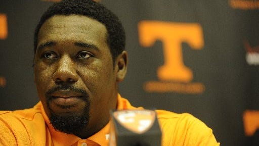 Tennessee defensive lineman Corey Miller speaks to reporters during a media luncheon at the Stokely Family media center in Neyland Stadium on July 31, 2013.