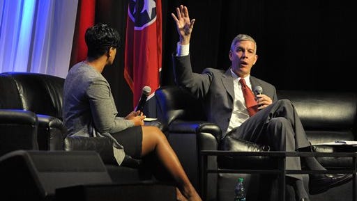 U.S. Education Secretary Arne Duncan, right, answers questions through moderator Sheryl Randolph, of Hamilton County at the LEAD education conference at the Music City Center, Tuesday, Oct. 28, 2014, in Nashville, Tenn. Duncan spoke about the importance of strong school leadership.
