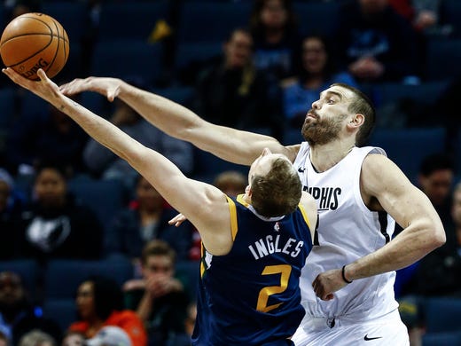 Memphis Grizzlies center Marc Gasol (right) defends