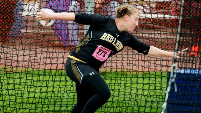 Red Lion's Madisen Kling competes in the Class 3A discus at the District III track and field championships held at Shipppensburg University, Saturday, May 19, 2018. Kling won her second-straight District III Class 3A title with a throw of 135-8 feet. 