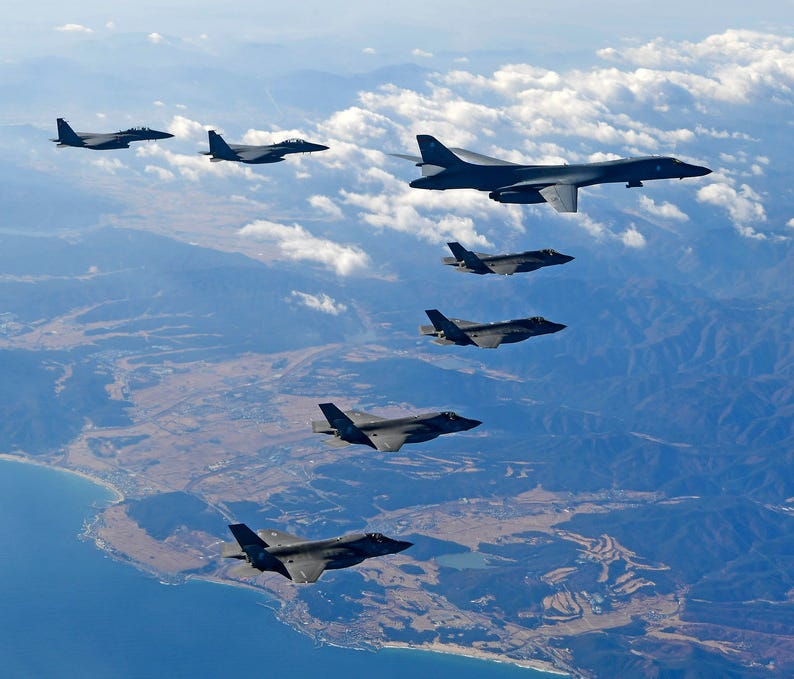 South Korea and U.S. fighter jets fly over the Korean Peninsula during combat exercise on Dec. 6 in South Korea.