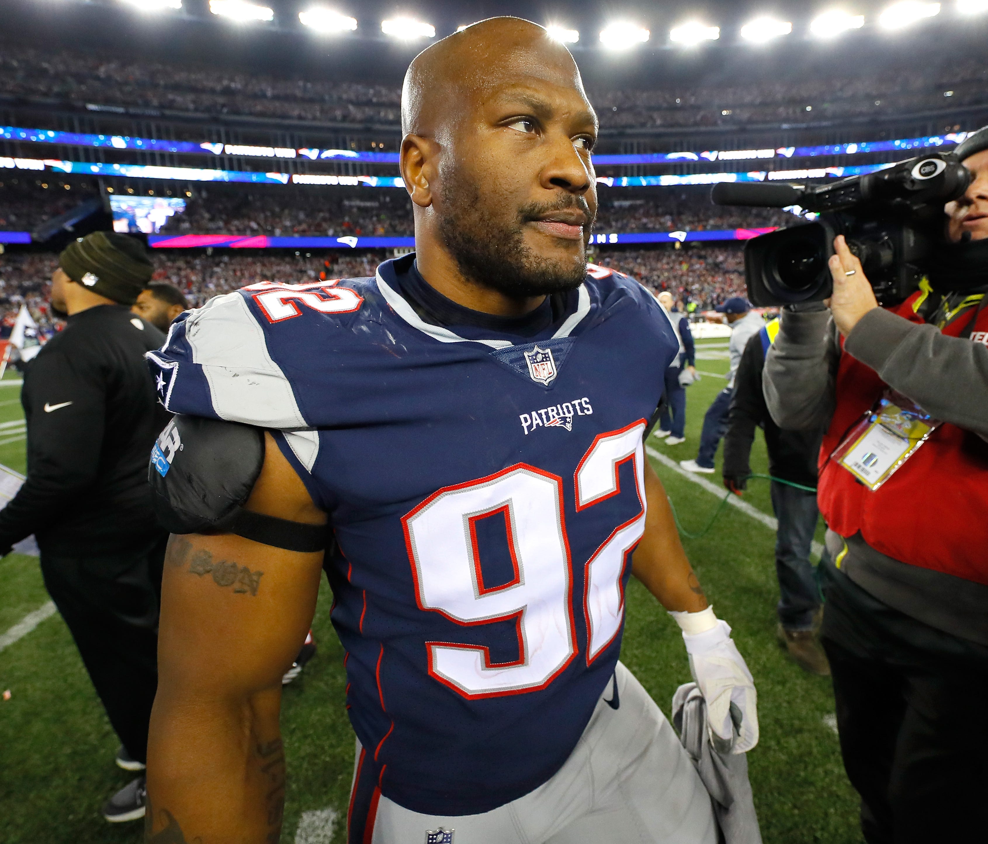 FOXBOROUGH, MA - JANUARY 21: James Harrison #92 of the New England Patriots reacts after the AFC Championship Game against the Jacksonville Jaguars at Gillette Stadium on January 21, 2018 in Foxborough, Massachusetts.  (Photo by Kevin C. Cox/Getty Im