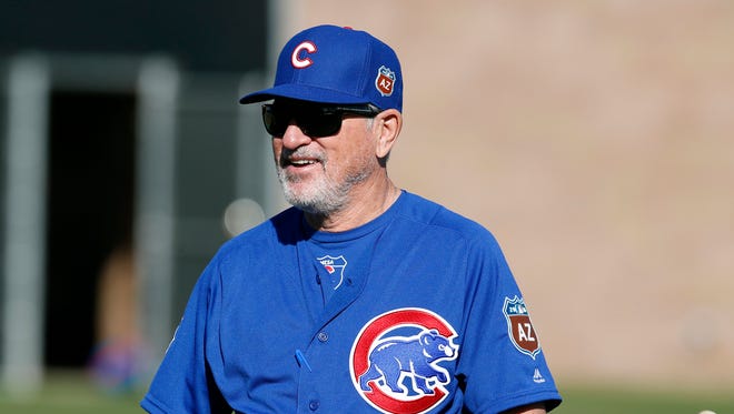 Feb 22, 2016: Chicago Cubs manager Joe Maddon (70) smiles during spring training camp at Sloan Park.