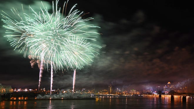 The fireworks show of Thunder Over Louisville 2015 as seen from Southern Indiana.